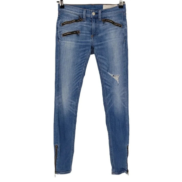 rag & bone Denim - Rag & Bone Skinny Moto Jeans Medium Wash Zip Ankle Distressed Denim